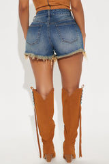 I Can't Relate Stretch Fray Denim Shorts - Dark Wash