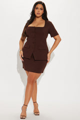The Mia Double Lined Ponte Button Front Skirt Set - Chocolate