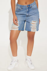 Found A Way Ripped Mom Fit Denim Shorts - Medium Wash