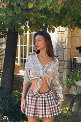 Gianna Plaid Pleated Mini Skirt - Taupe/combo