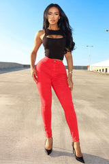 Classic Color High Waist Skinny Jeans - Red