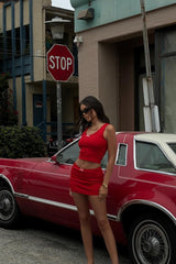 Bow Love Ribbed Skirt Set - Red