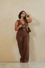 Erin Linen Vest Pant Set - Brown