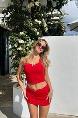 Bow Love Ribbed Skirt Set - Red